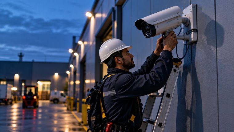 Saha teknisyeni IP kamera kurulumu yapıyor